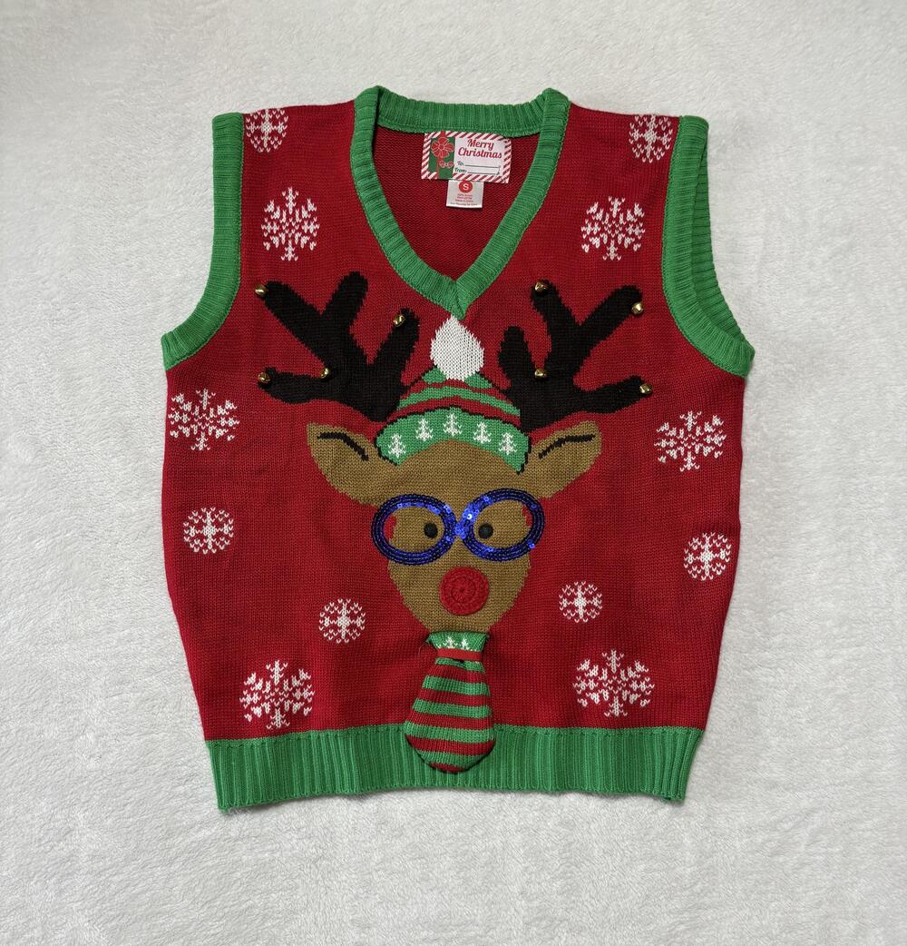 Reindeer Ugly Christmas Sweater Vest Small Red Green V Neck Jingle Bells